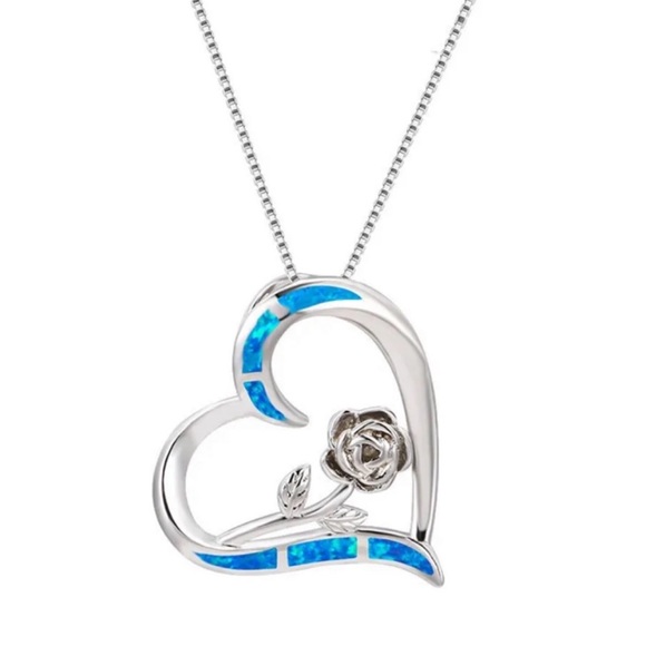 🆕 | Blue Simulated Opal | Rose Flower | 14K White Gold Plated Women’s Necklace - Picture 3 of 7